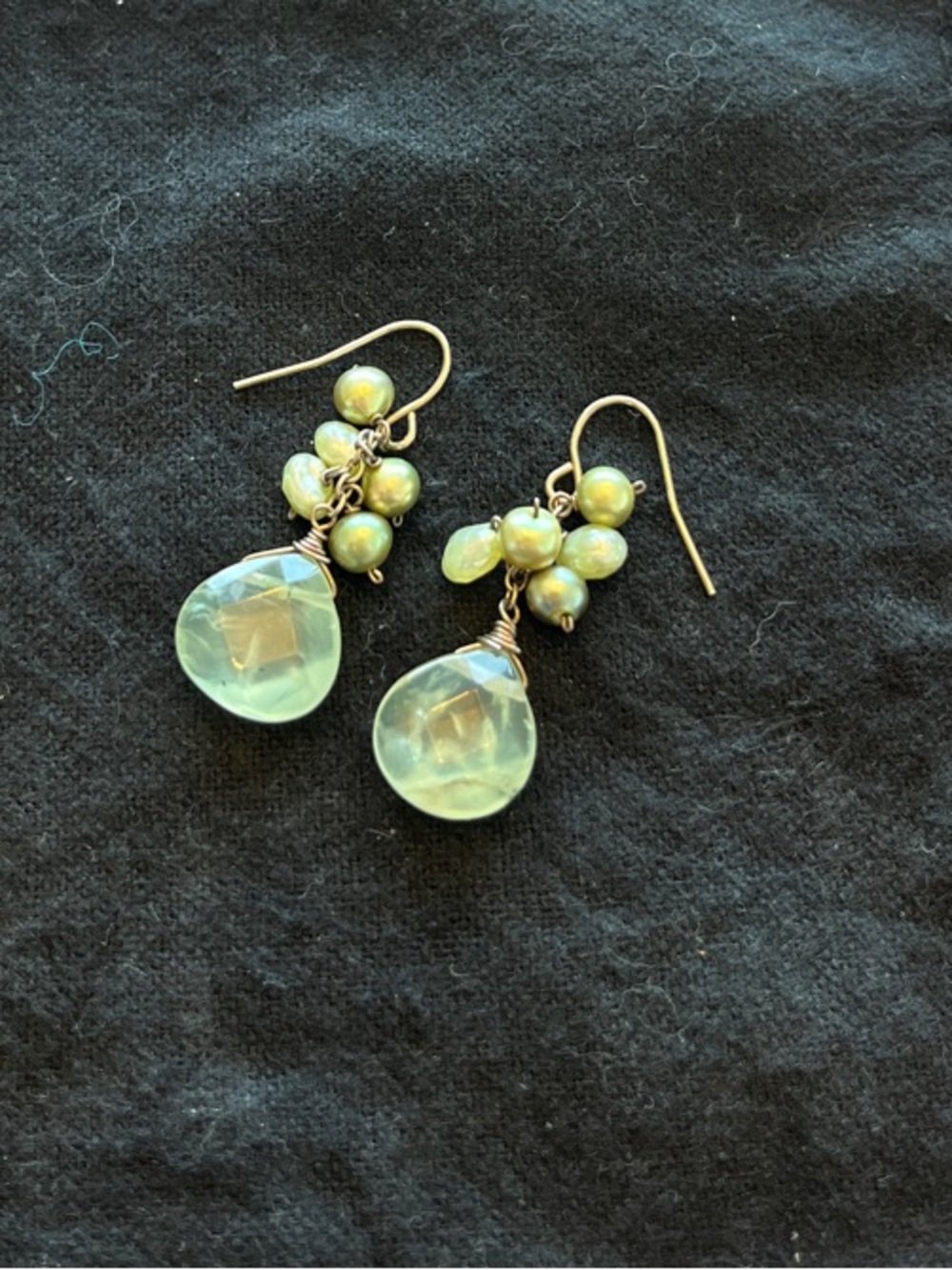 Delicate Pale Green Drop Earrings with Pearl Clusters